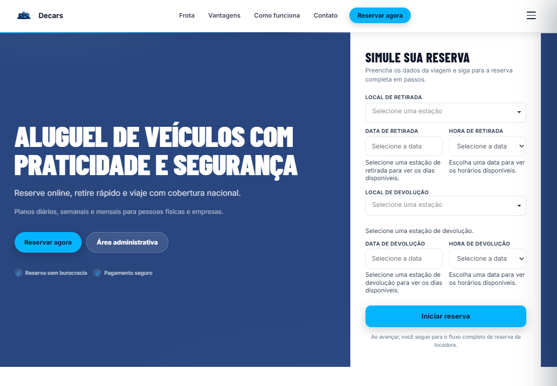 Site de reservas online do DeCars